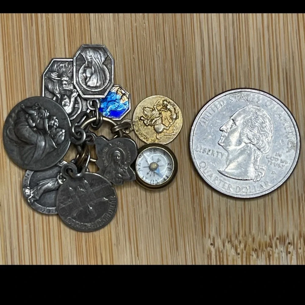 Antique French Religious Medals with Darling, Tiny Compass - Extraordinary Gift!